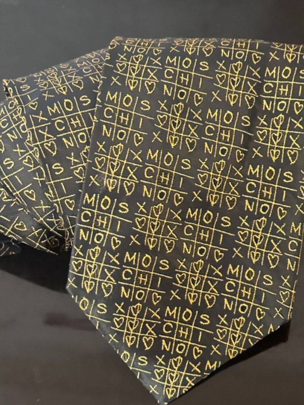 Moschino Collectors Item Necktie Silk Jacquard Black Gold Tic Tac Toe Tie VtG
